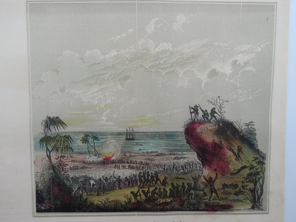 ANTIQUE 1855 HAND COLORED ENGRAVING GALLANT DEFENCE OF THREE SAILORS