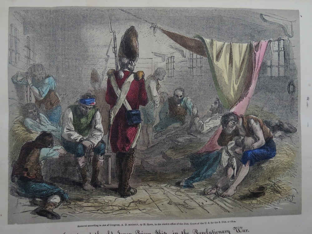ANTIQUE 1855 HAND COLORED ENGRAVING INTERIOR OF REVOLUTIONARY WAR OLD JERSEY PRISON SHIP