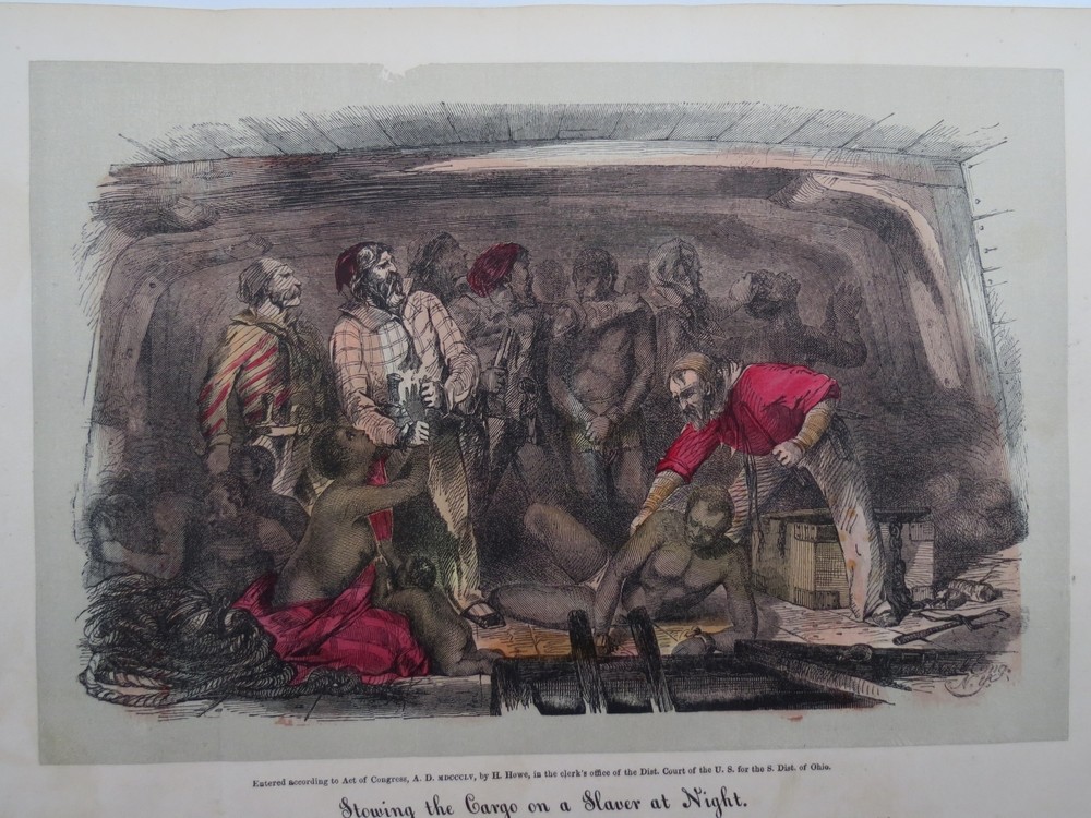 ANTIQUE 1855 HAND COLORED ENGRAVING STOWING SLAVES AT NIGHT