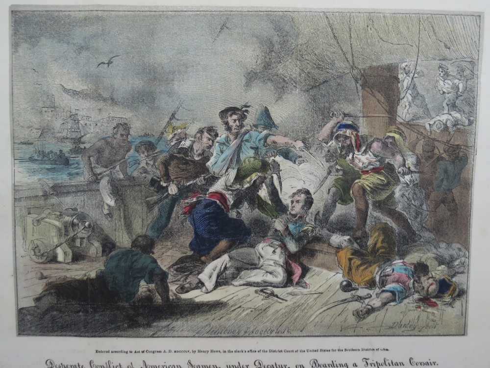 ANTIQUE 1855 HAND COLORED ENGRAVING CONFLICT OF AMERICAN SEAMEN UNDER DECATUR