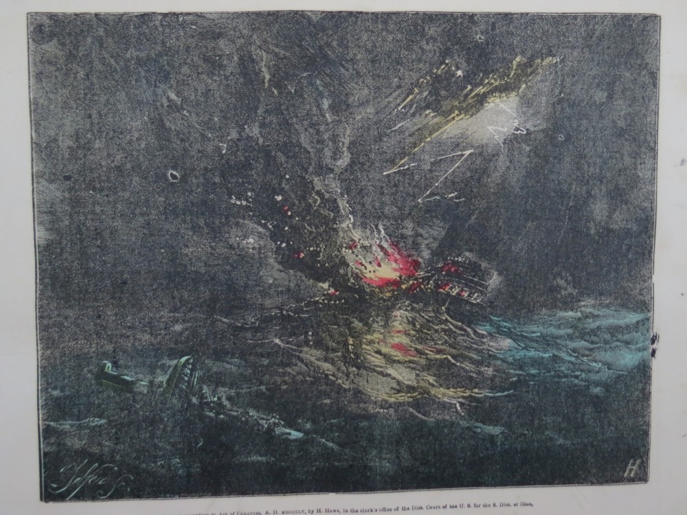 ANTIQUE 1855 HAND COLORED ENGRAVING BURNING OF THE PRINCE SHIP