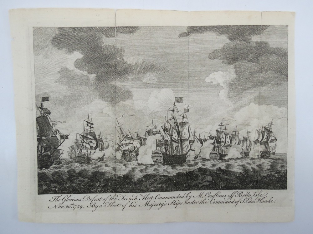 ANTIQUE 1761 ENGRAVING DEFEAT OF THE FRENCH FLEET OFF BELLE ISLE NOVEMBER 20, 1759
