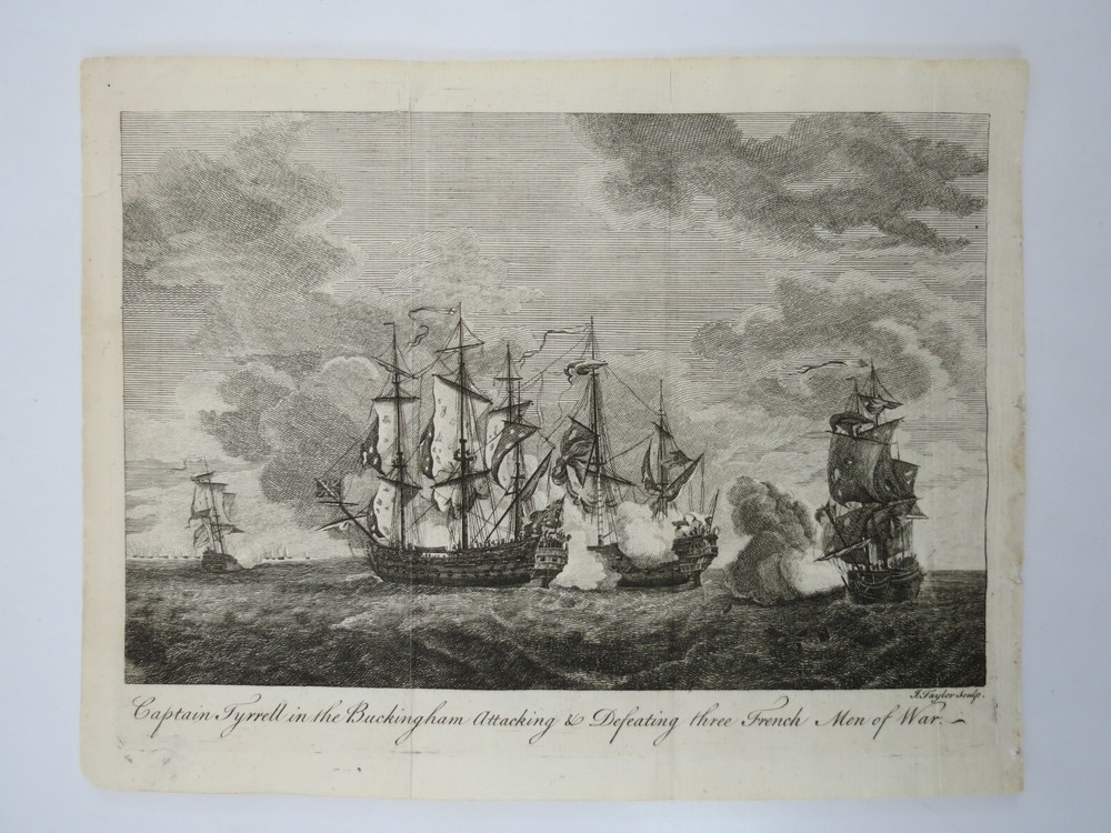 ANTIQUE 1761 ENGRAVING CAPTAIN TYRRELL IN BUCKINGHAM DEFEATING FRENCH MEN OF WAR