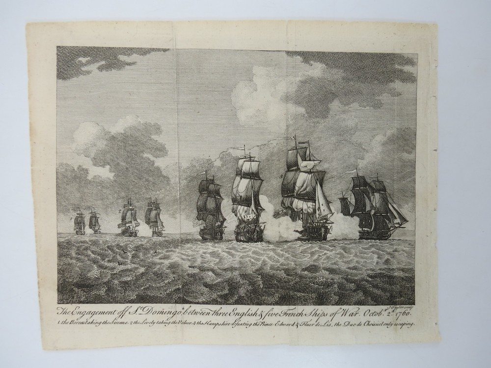 ANTIQUE 1761 ENGRAVING ENGAGEMENT OFF DOMINGO BETWEEN ENGLISH & FRENCH SHIPS OF WAR