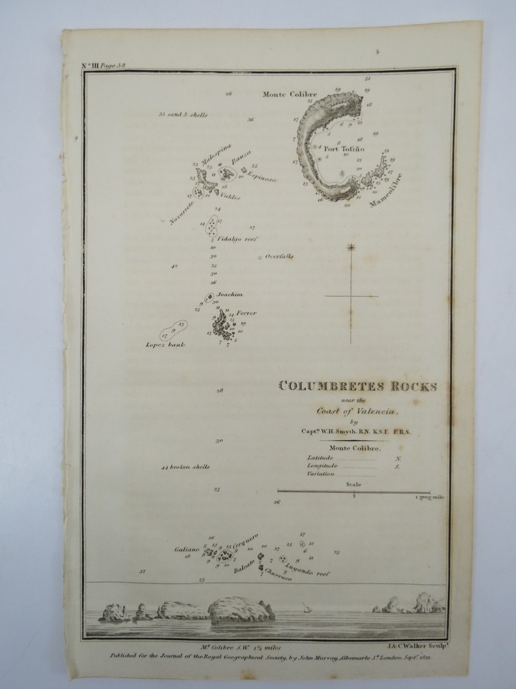 ANTIQUE 1831 ENGRAVING MAP OF COMBRETES ROCKS NEAR THE COAST OF VALENCIA