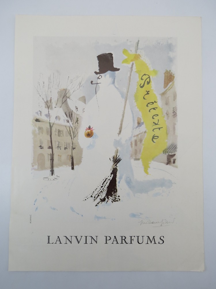 1956 GUILLAUME GILLET LANVIN PARFUMS PRETEXTE SNOWMAN FRENCH AD