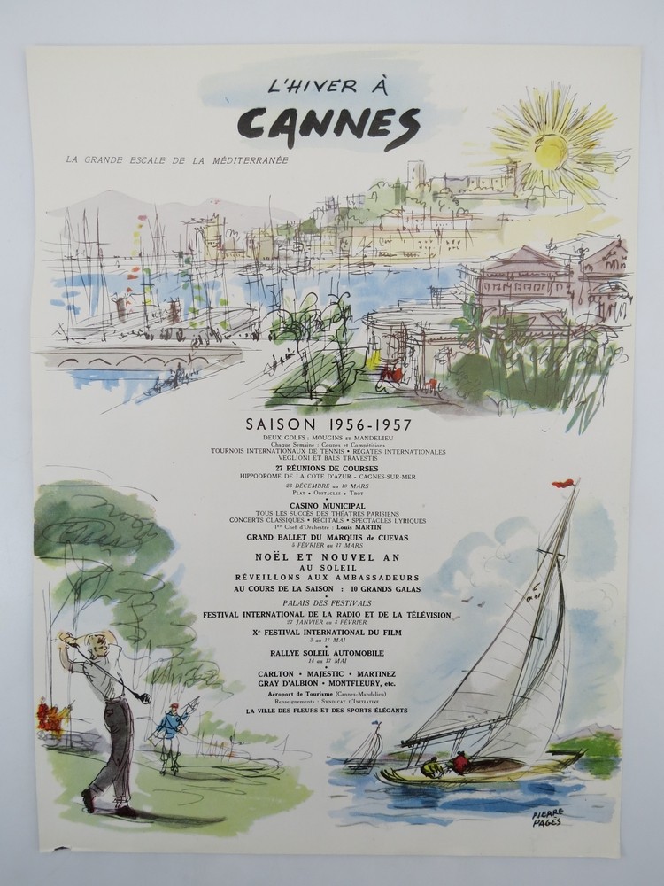 1956 PIERRE PAGES L'HIVER A CANNES GOLF SAILING RESORT FRENCH AD