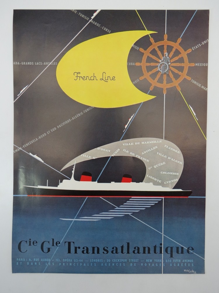 1956 MICHEL LEZLA FRENCH LINE CIE GLE TRANSATLANTIQUE FRENCH AD