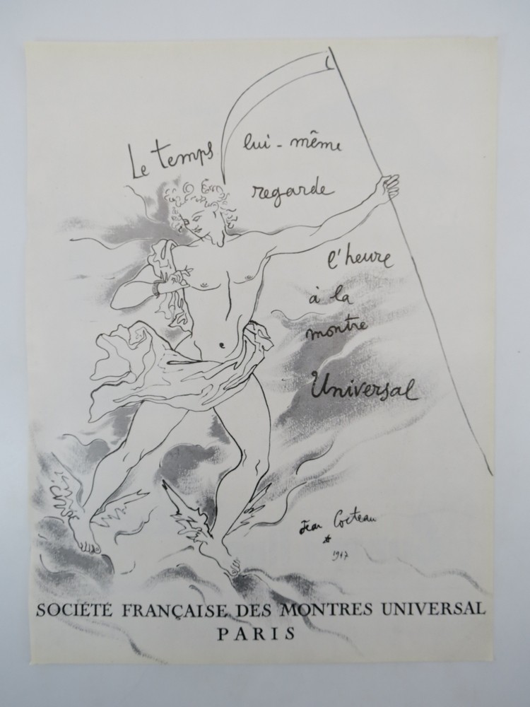 1956 JEAN COCTEAU LE TEMPS L'HEURE A LA MONTRE UNIVERSAL WATCHES FRENCH AD