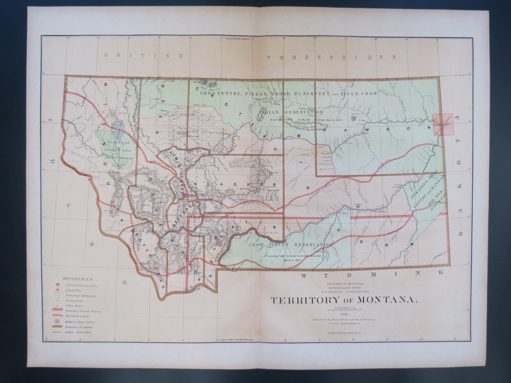RARE 1876 ORIGINAL TERRITORY OF MONTANA MAP 27