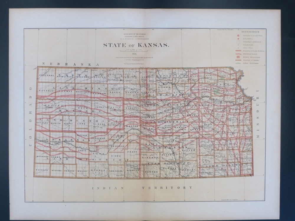 Image for RARE 1876 ORIGINAL STATE OF KANSAS MAP 27 RARE 1876 ORIGINAL STATE OF KANSAS MAP 27