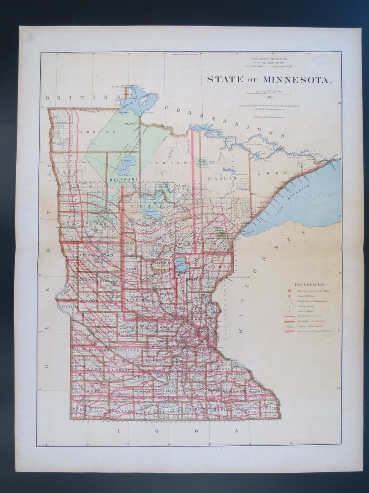 Image for RARE 1876 ORIGINAL STATE OF MINNESOTA MAP 27 RARE 1876 ORIGINAL STATE OF MINNESOTA MAP 27