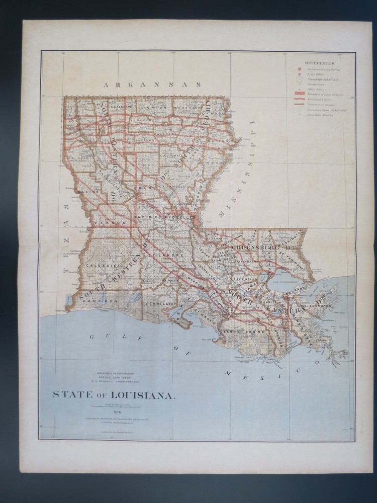 Image for RARE 1876 ORIGINAL STATE OF LOUISIANA MAP 27 RARE 1876 ORIGINAL STATE OF LOUISIANA MAP 27
