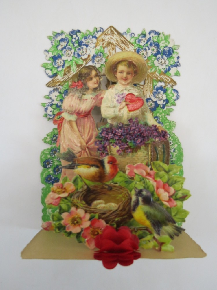 ANTIQUE VICTORIAN DIE CUT 3D POP-UP HEARTY VALENTINE GREETINGS CARD