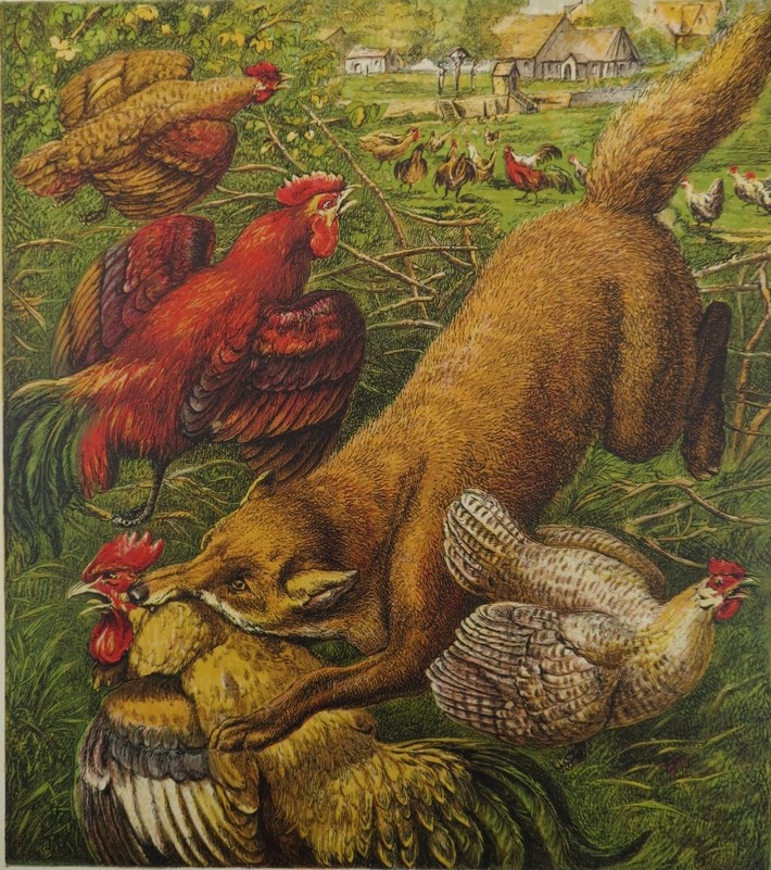 ANTIQUE 1871 REYNARD THE FOX CHANTICLEER THE CHICKEN COLOR CHROMOLITHOGRAPH