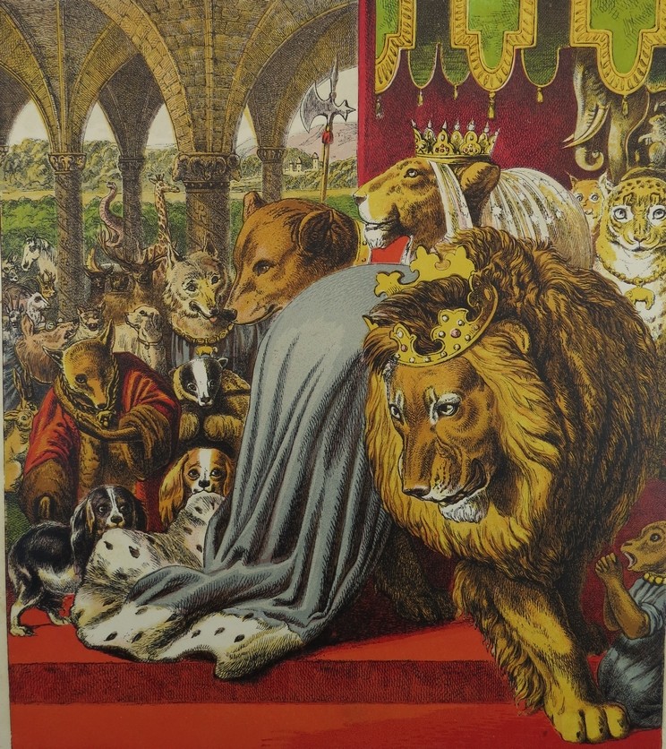 ANTIQUE 1871 REYNARD THE FOX KING NOBLE THE LION COLOR CHROMOLITHOGRAPH