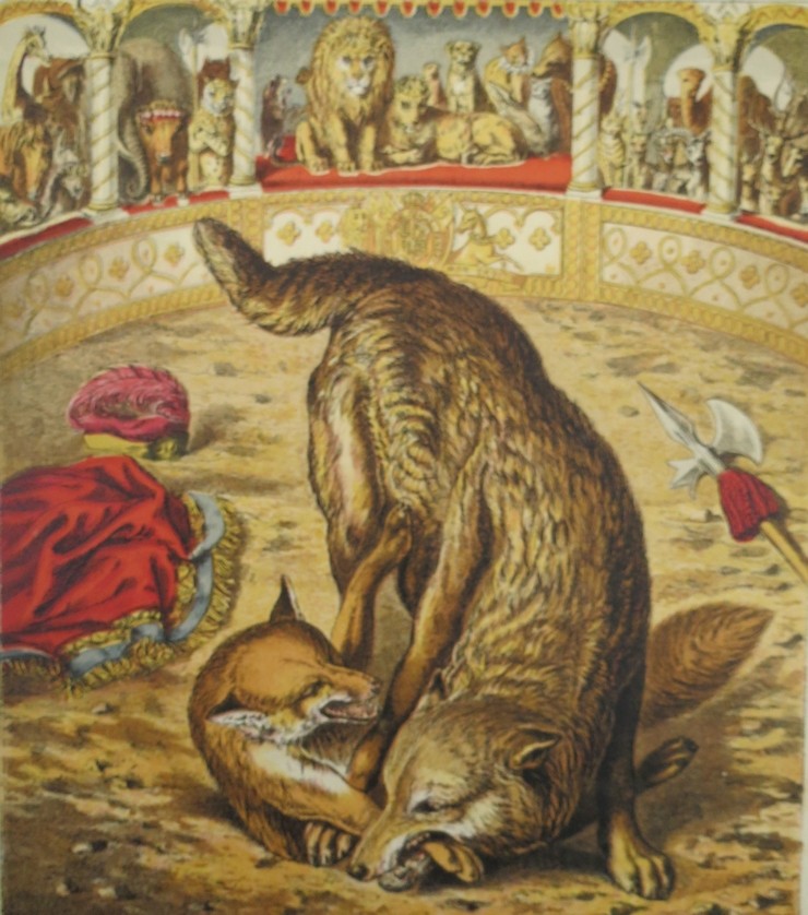 ANTIQUE 1871 REYNARD THE FOX ISENGRIM THE WOLF COLOR CHROMOLITHOGRAPH