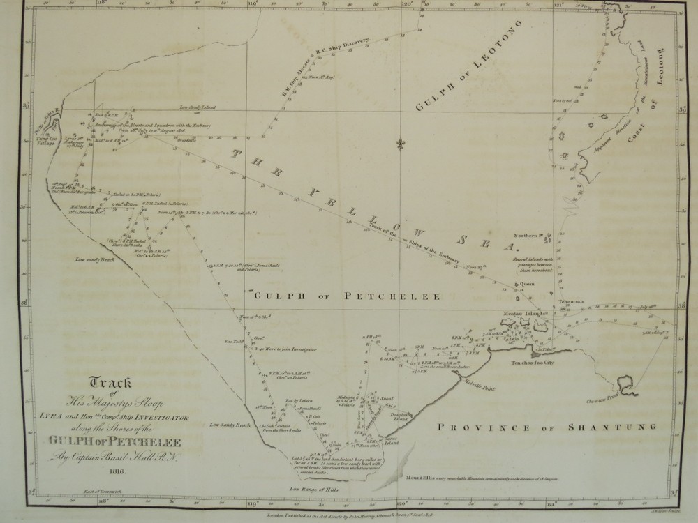 ORIGINAL 1818 MAP TRACK OF HIS MAJESTY'S SLOOP LYRA AND HONBLE. COMPS. SHIP INVESTIGATOR ALONG THE SHORES OF THE GULPH OF PECHEELEE JAPAN