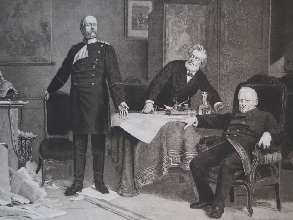 ANTIQUE C. 1885 PHOTOGRAVURE ETCHING BISMARCK, THIERS AND JULES FAVRE DISCUSSING THE SURRENDER OF PARIS TO THE GERMANS BY CARL WAGNER