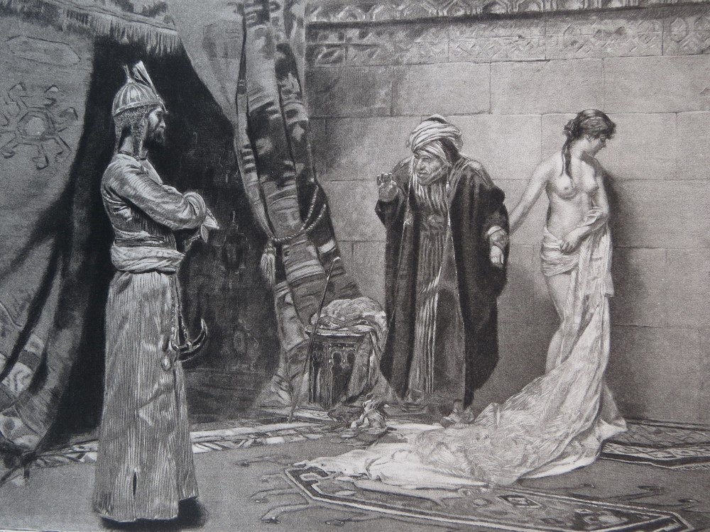 ANTIQUE C. 1885 PHOTOGRAVURE ETCHING SALE OF CIRCASSIAN SLAVE BY FREDERIK VEZIN