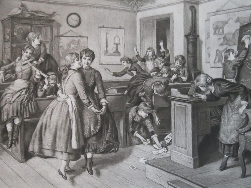 ANTIQUE C. 1885 PHOTOGRAVURE ETCHING THE TEACHER IS COMING BY EMANUEL SPITZER