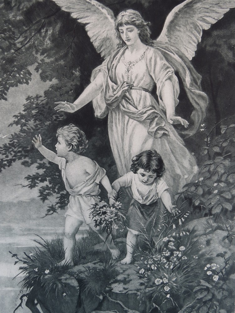 ANTIQUE C. 1885 PHOTOGRAVURE ETCHING GUARDIAN ANGEL BY BERNHARD PLOCKHORST