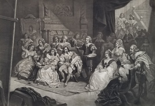 ANTIQUE C. 1885 PHOTOGRAVURE ETCHING CHARLES I & VAN DYCK AT HAMPTON COURT BY R. A. MULLER