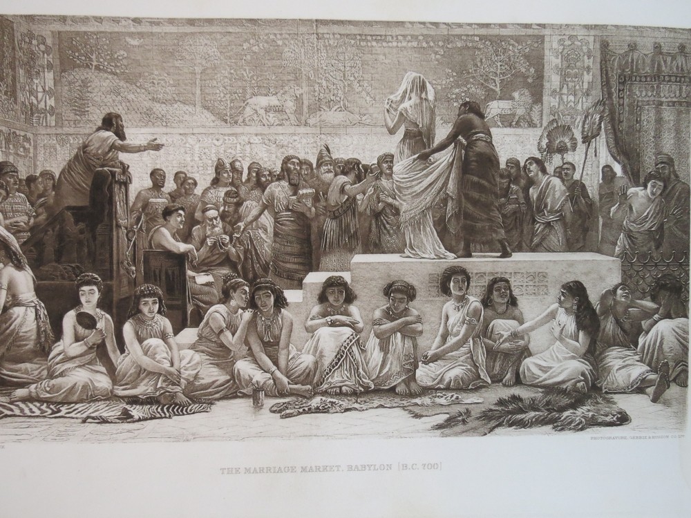 ANTIQUE C. 1885 PHOTOGRAVURE MARRIAGE MARKET, BABYLON (BC 700) BY EDWIN LONG