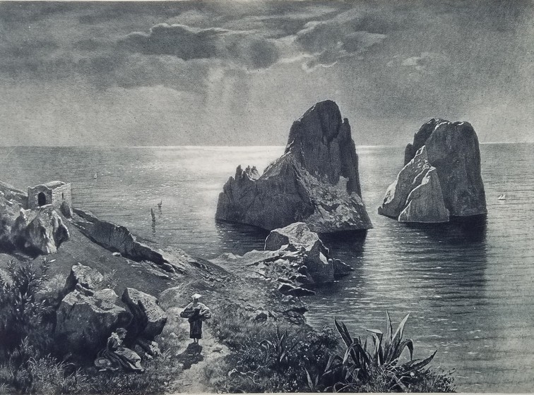 ANTIQUE C. 1885 PHOTOGRAVURE TWIN ROCKS OF CAPRI BY AUGUST WILHELM LEU