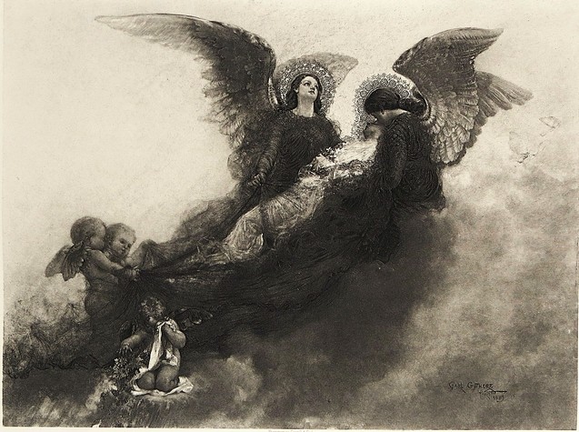 ANTIQUE 1890 CARL GUTHERZ BORNE AWAY BY ANGELS PHOTOGRAVURE PRINT