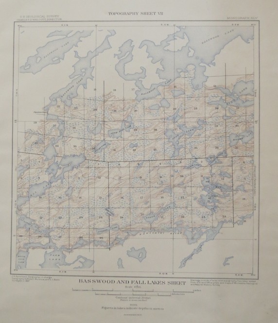 ORIGINAL 1903 TOPOGRAPHICAL MAP OF PARTS OF BASSWOOD LAKE AND FALL LAKE QUADRANGLE, MINNESOTA
