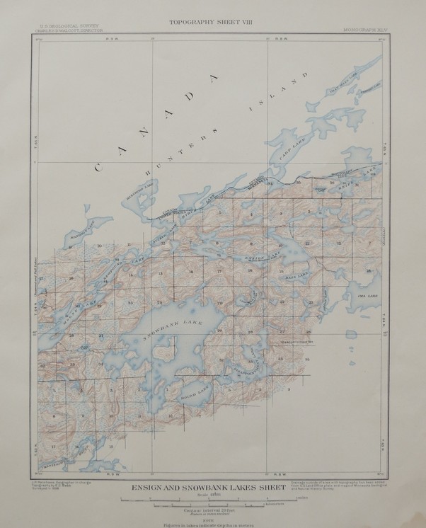 ORIGINAL 1903 TOPOGRAPHICAL MAP OF PARTS OF ENSIGN LAKE AND SNOWBANK LAKE QUADRANGLE, MINNESOTA