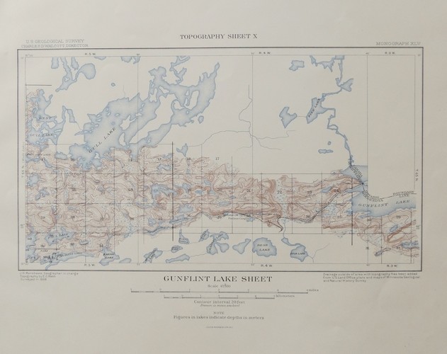 ORIGINAL 1903 TOPOGRAPHICAL MAP OF PART OF GUNFLINT LAKE QUADRANGLE, MINNESOTA