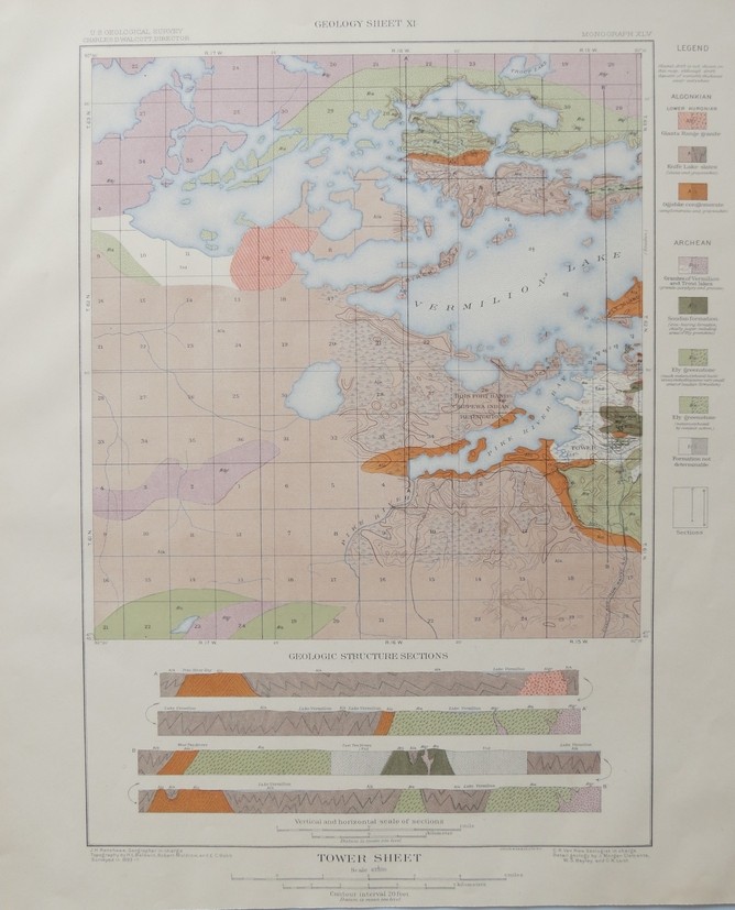 ORIGINAL 1903 GEOLOGIC MAP OF PART OF TOWER QUADRANGLE, MINNESOTA, WITH STRUCTURE SECTIONS