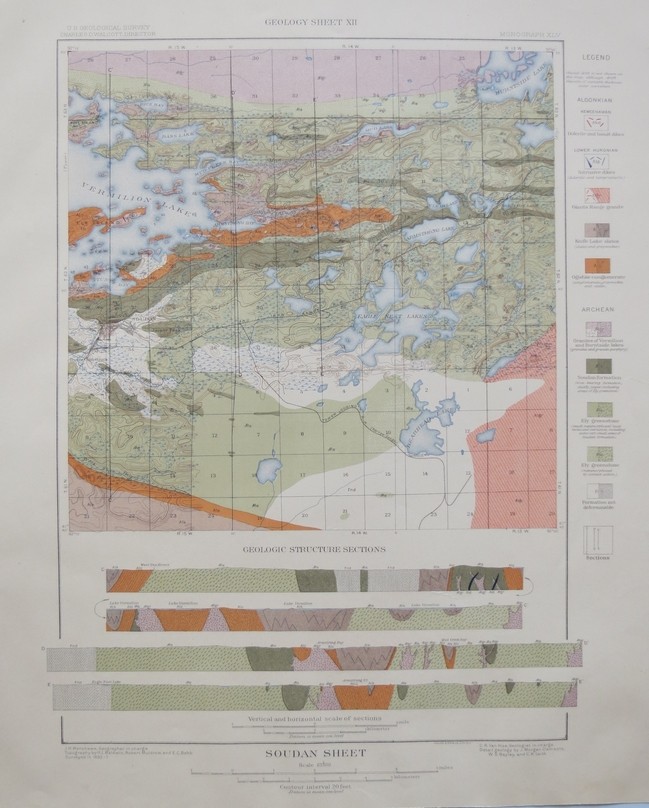 ORIGINAL 1903 GEOLOGIC MAP OF PART OF SOUDAN QUADRANGLE, MINNESOTA, WITH STRUCTURE SECTIONS