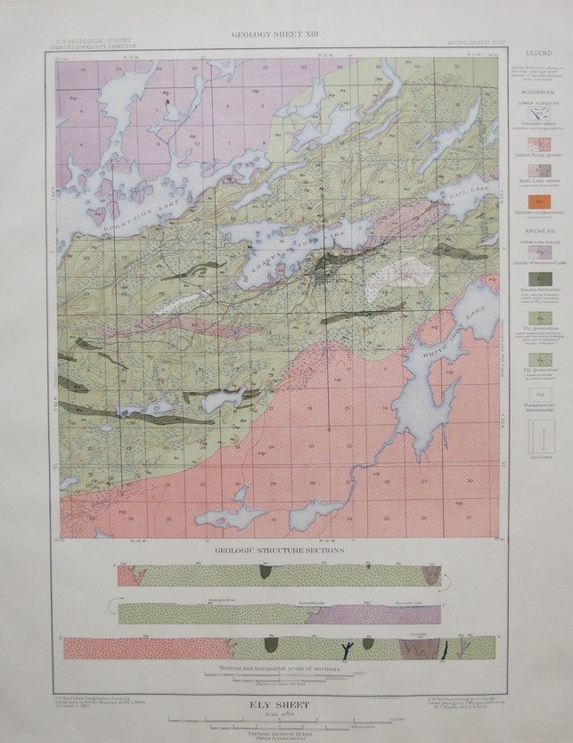 ORIGINAL 1903 GEOLOGIC MAP OF PART OF ELY QUADRANGLE, MINNESOTA, WITH STRUCTURE SECTIONS