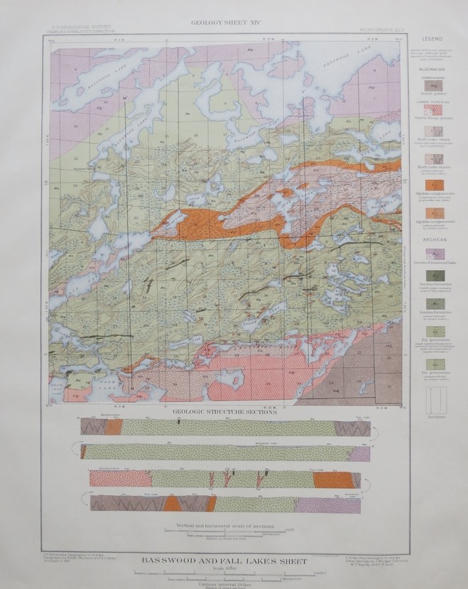 ORIGINAL 1903 GEOLOGIC MAP OF PARTS OF BASSWOOD AND FALL LAKES QUADRANGLE, MINNESOTA, WITH STRUCTURE SECTIONS