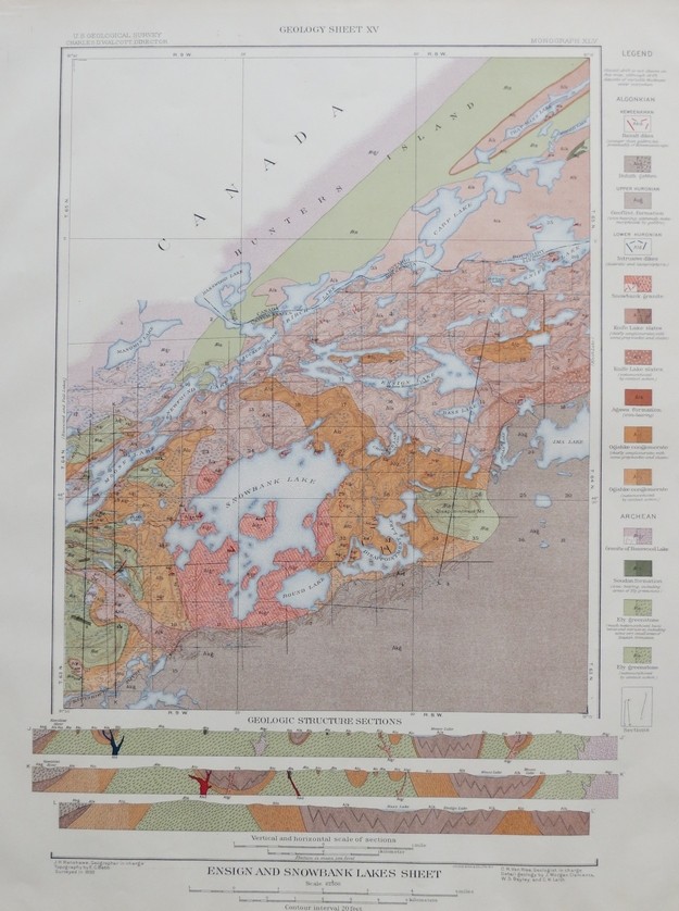 ORIGINAL 1903 GEOLOGIC MAP OF PARTS OF ENSIGN AND SNOWBANK LAKES QUADRANGLE, MINNESOTA, WITH STRUCTURE SECTIONS