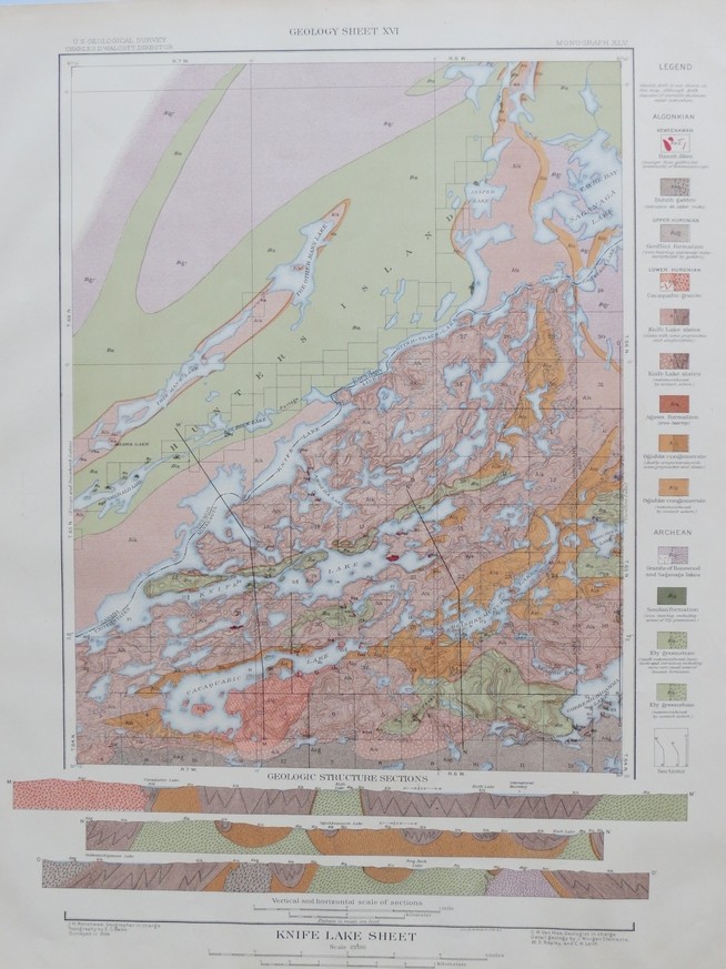 ORIGINAL 1903 GEOLOGIC MAP OF PART OF KNIFE LAKE QUADRANGLE, MINNESOTA, WITH STRUCTURE SECTIONS