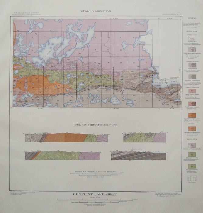 ORIGINAL 1903 GEOLOGIC MAP OF PART OF GUNFLINT LAKE QUADRANGLE, MINNESOTA, WITH STRUCTURE SECTIONS