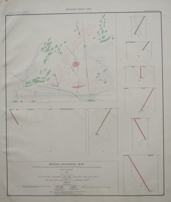 ORIGINAL 1903 DETAIL GEOLOGIC MAP SHOWING EXPOSURES IN NE. 1/4 SEC. 25, T. 63 N., R. 12 W., MINNESOTA, WITH STRUCTURE SECTIONS