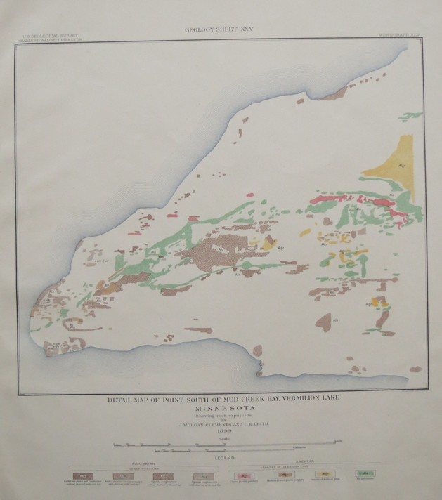 ORIGINAL 1903 DETAIL GEOLOGIC MAP OF POINT SOUTH OF MUD CREEK BAY, VERMILLION LAKE, MINNESOTA