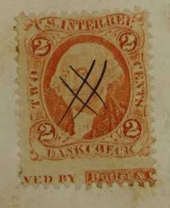 1861-1872 GEORGE WASHINGTON 2 CENT POSTAGE STAMP MISPERFORATED INTERNAL REVENUE BANK CHECK