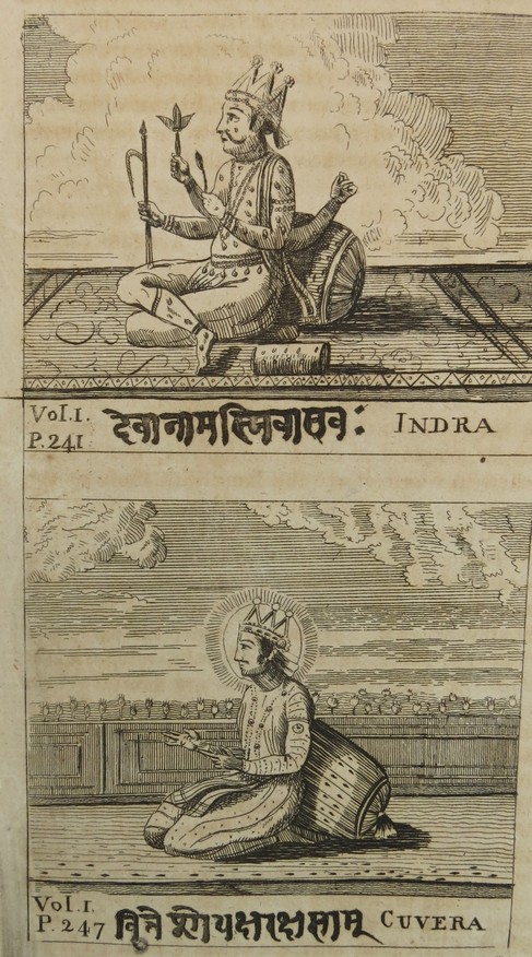 ANTIQUE 1798 BENGAL ENGRAVING INDIAN HINDU GODS INDRA AND CUVERA