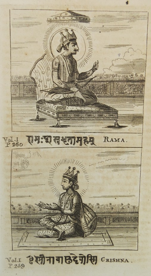 ANTIQUE 1798 BENGAL ENGRAVING INDIAN HINDU GODS RAMA & KRISHNA