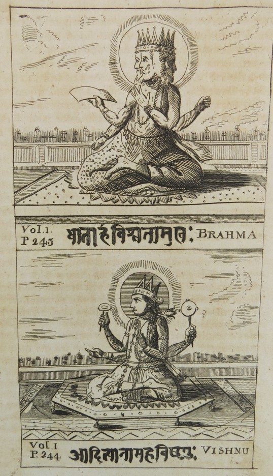ANTIQUE 1798 BENGAL ENGRAVING INDIAN HINDU GODS BRAHMA & VISHNU