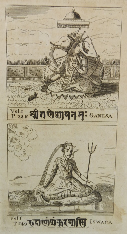 ANTIQUE 1798 BENGAL ENGRAVING INDIAN HINDU GODS GANESA & ISWARA