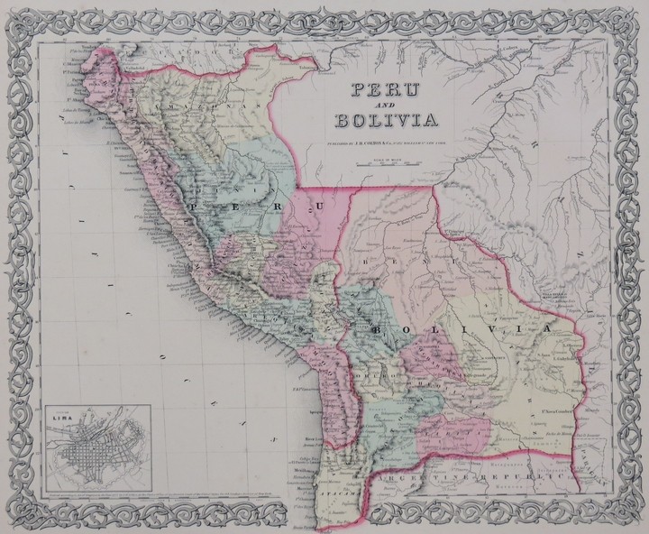 ORIGINAL 1855 COLTON'S HAND COLORED MAP OF PERU AND BOLIVIA