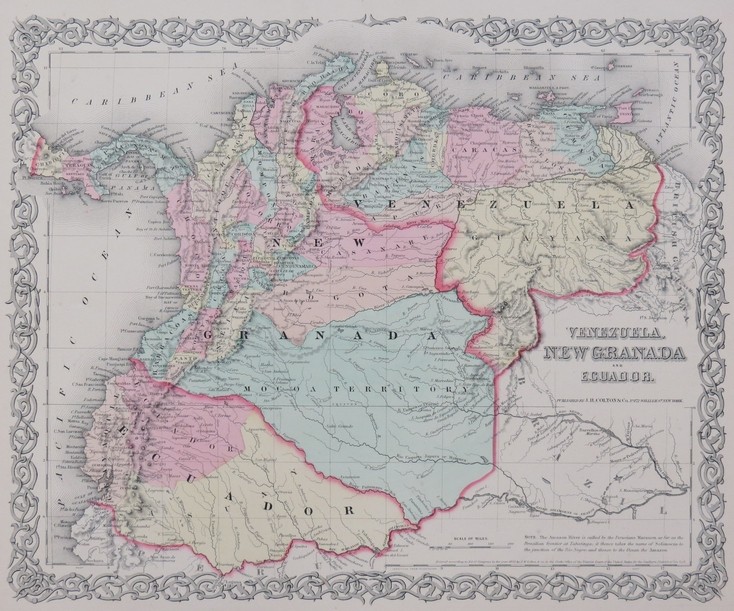 ORIGINAL 1855 COLTON'S HAND COLORED MAP OF VENZUELA, NEW GRANADA AND ECUADOR
