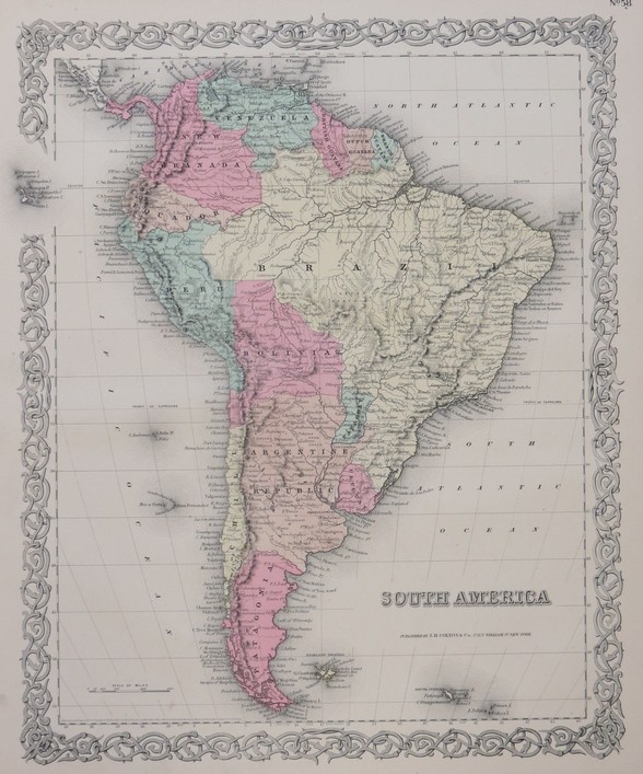 ORIGINAL 1855 COLTON'S HAND COLORED MAP OF SOUTH AMERICA